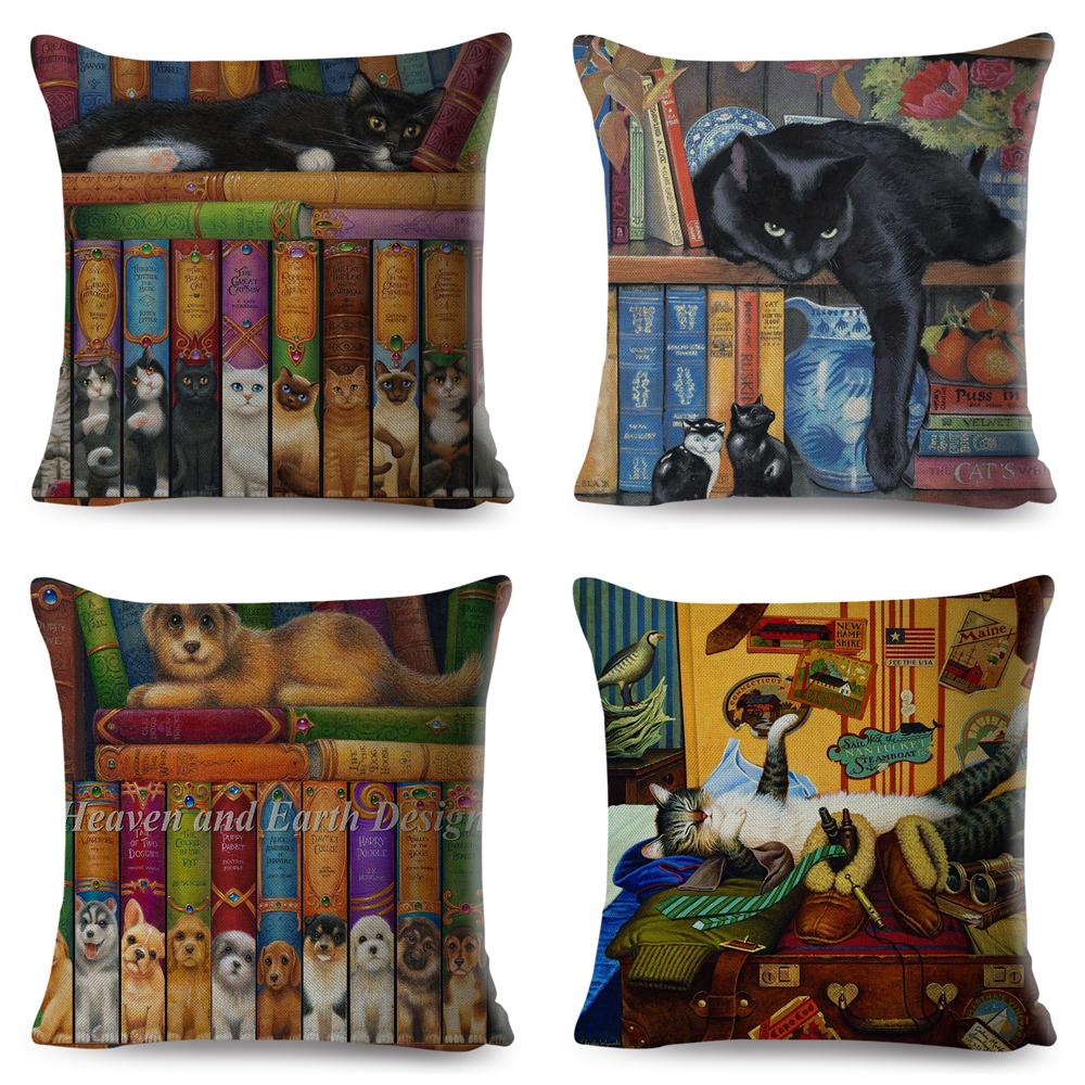 Cute Book Cat Party Cushion Cover Decor Cartoon Animal Pillowcase Printing Cojines Polyester Pillow Case  for Sofa Home 45x45cm