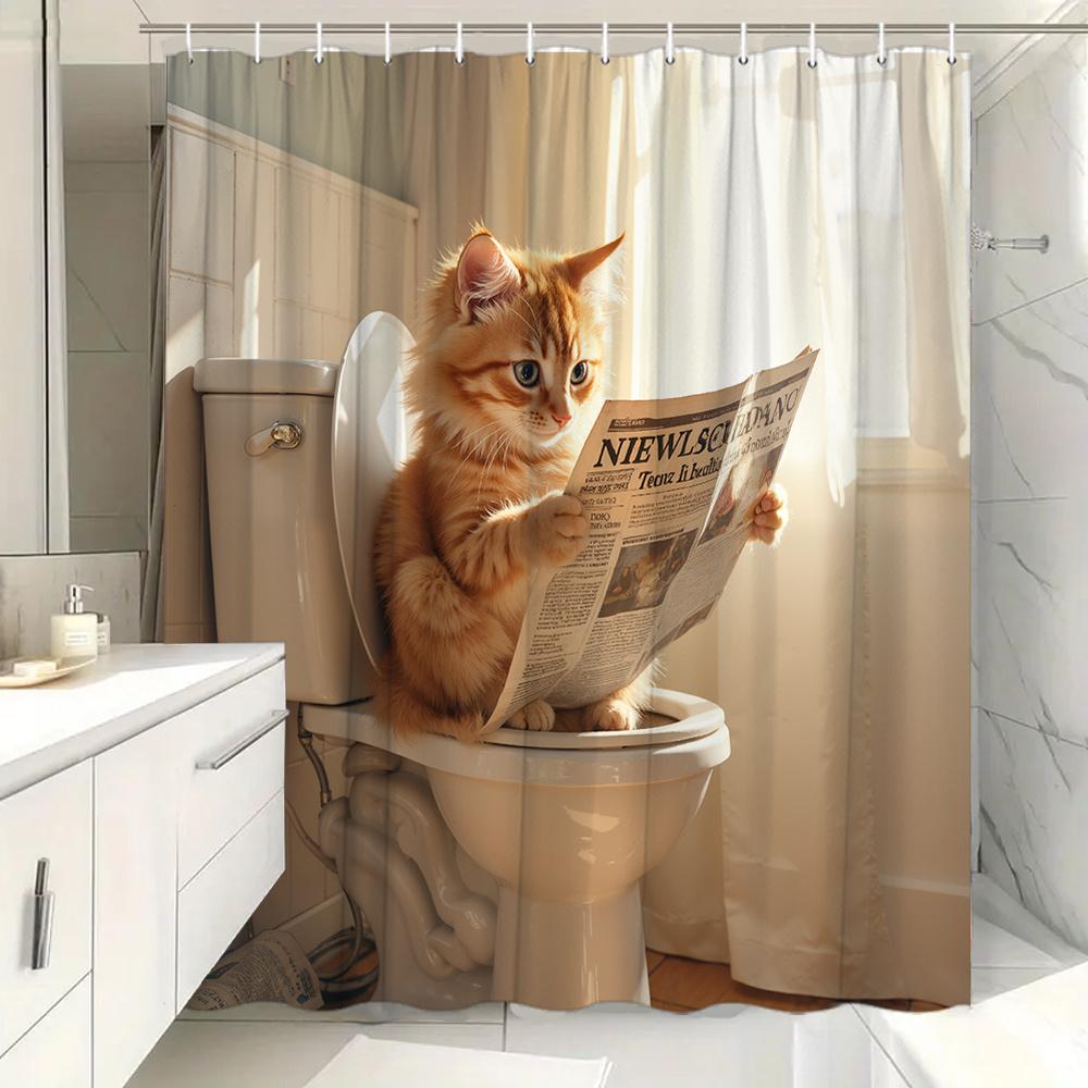 1Pc Playful Ginger Tabby Cat On Toilet Reading Newspaper Shower Curtain - Cozy Polyester Bathroom Decor Curtains For Bathroom