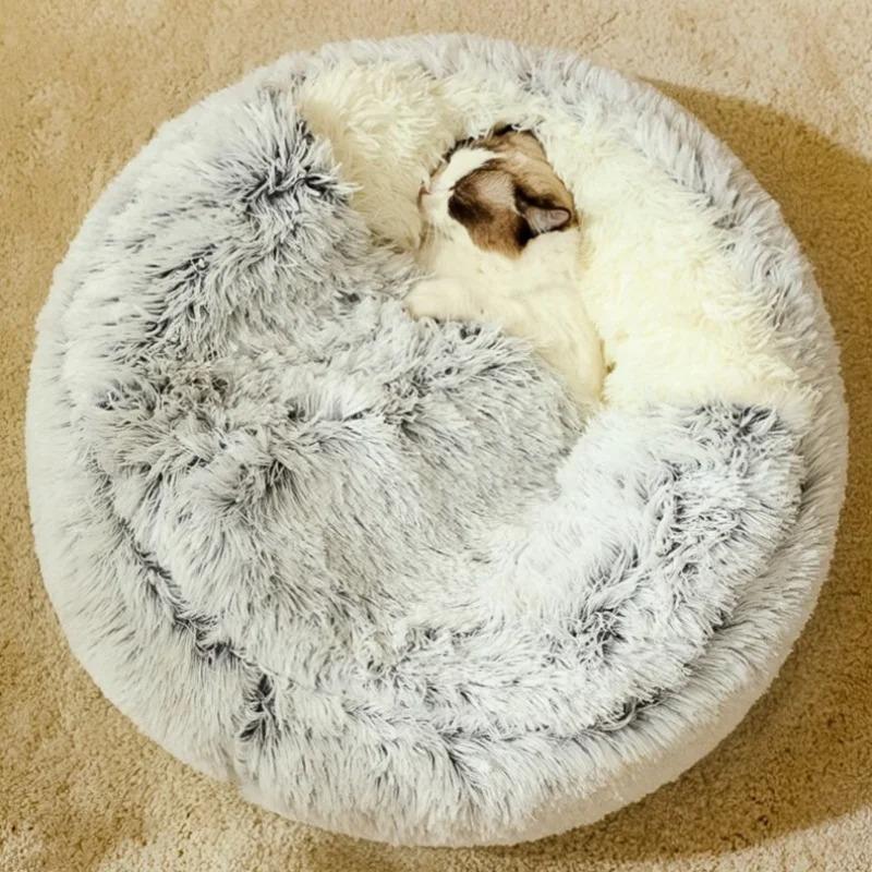 Fluffy Hooded round Cat Bed Anti-Anxiety Cave with Anti-Slip Bottom Machine Washable Pet Blanket Comfortable Soft Cat House