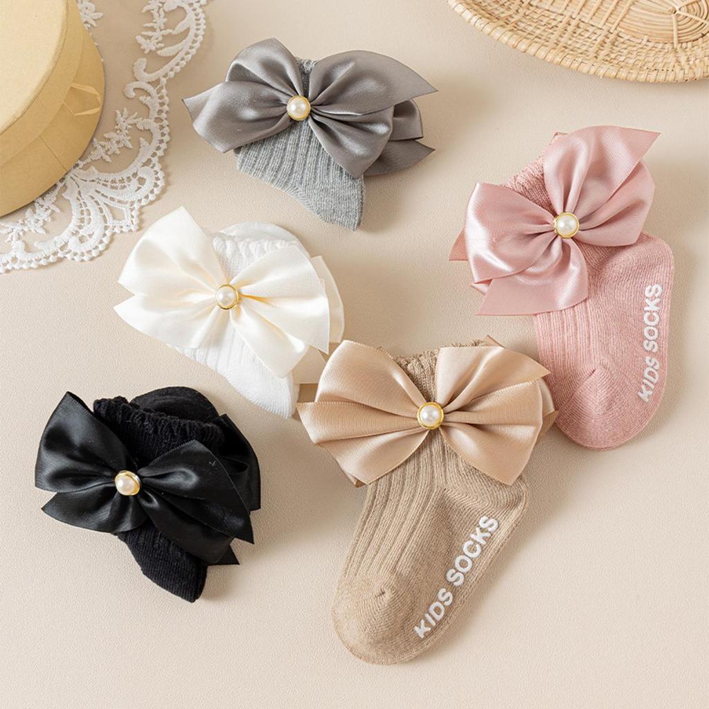 1-2Y Big Bow Princess Socks Simulated Pearl Bowknot Girl Middle Tube Sock Spring Summer Cotton Sock Baby Non-slip socks for Indoors