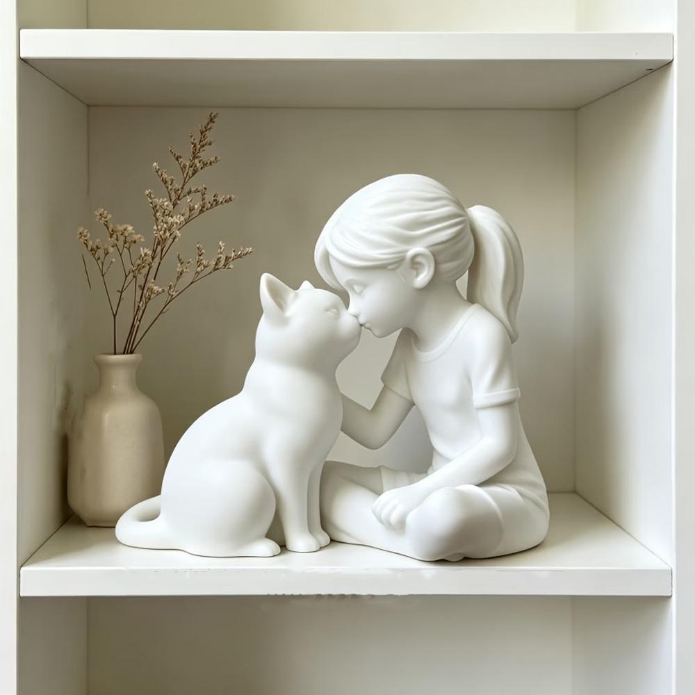 3D Printed Girl and Cat Sculpture Unique Girl Cat Ornaments  Home Decoration белый
