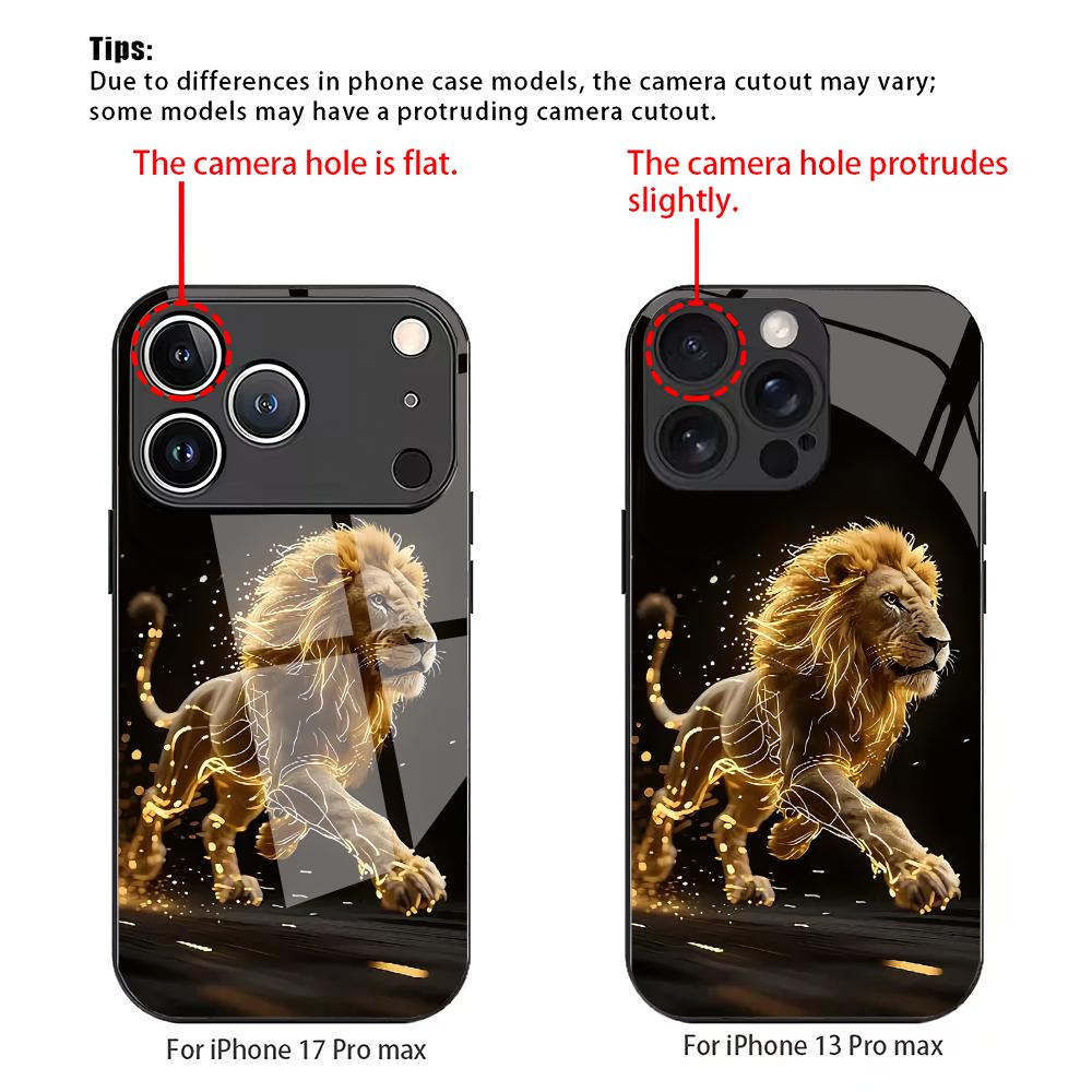 Goldenes Löwenmuster gehärtetes Glas Handyhülle geeignet für iPhone 17 16 15 14 13 12 11 Pro/Max/Plus sturzsichere Rückabdeckung