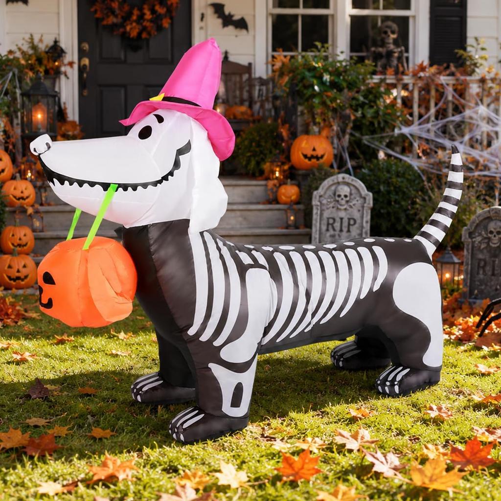 US specification GOOSH 5.5 FT Halloween Inflatables Outdoor Decorations Skeleton Puppy with Build-in LEDs Blow Up Pumpkin for Yard Garden Party