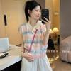 A Korean-style Striped Polo Neck Knitted Short-sleeved Women's Summer Thin T-shirt with A Design Sense and Embroidered Straight Shoulders