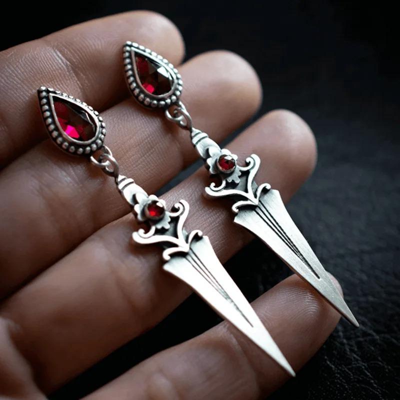 Vintage Medieval Gothic Sword Drop Earrings for Women New Water Drop Red Stone Dangle Earring Piercing Ear Halloween Accessories