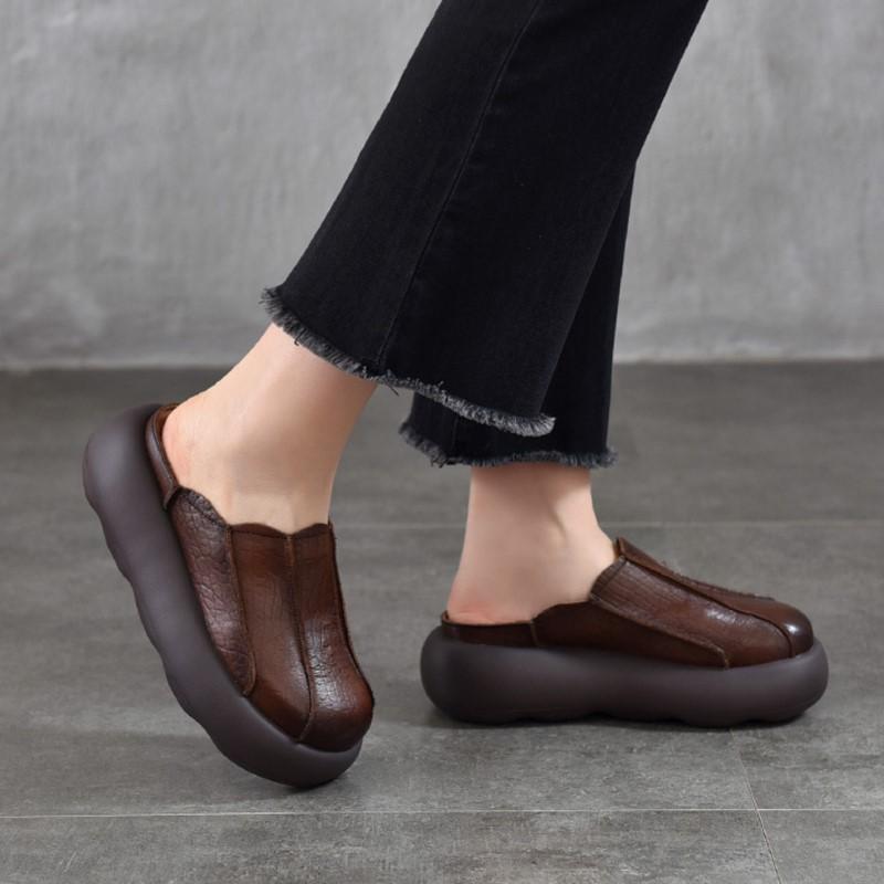 Johnature Vintage Genuine Leather Thick Soled Outdoor Slippers Round Toe Women's Slip-on Shoes