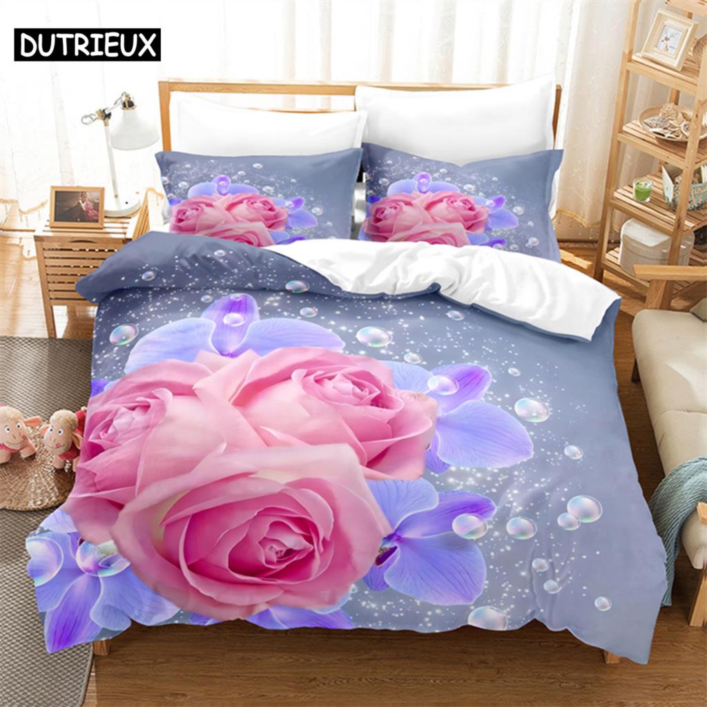 Rosenrosa Verliebte Queen Bettwäsche-Set Bettbezug Kinderzimmer Bett-Set Deckenbezug-Set King-Size Bettbezug-Set Bettwäsche-Sets