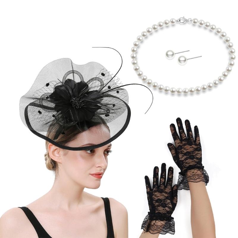 

Elegant Fascinator Hat Hair Clip and Necklace Costume Set Hair Accessory for Horse Racing Event Cocktails Party Decors