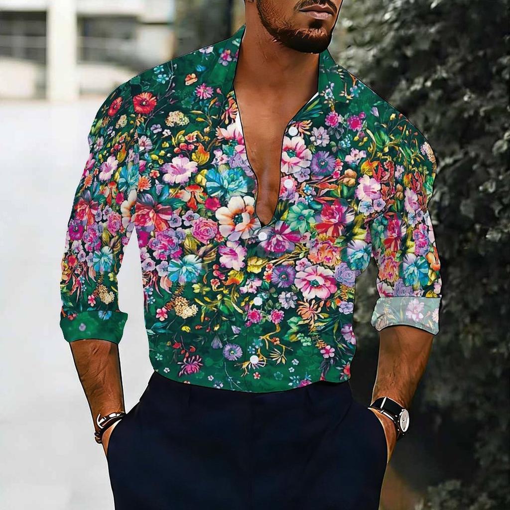 Chemise pour homme à col Base violette Imprimé floral mélangé coloré Manches longues Boutonnée Haut