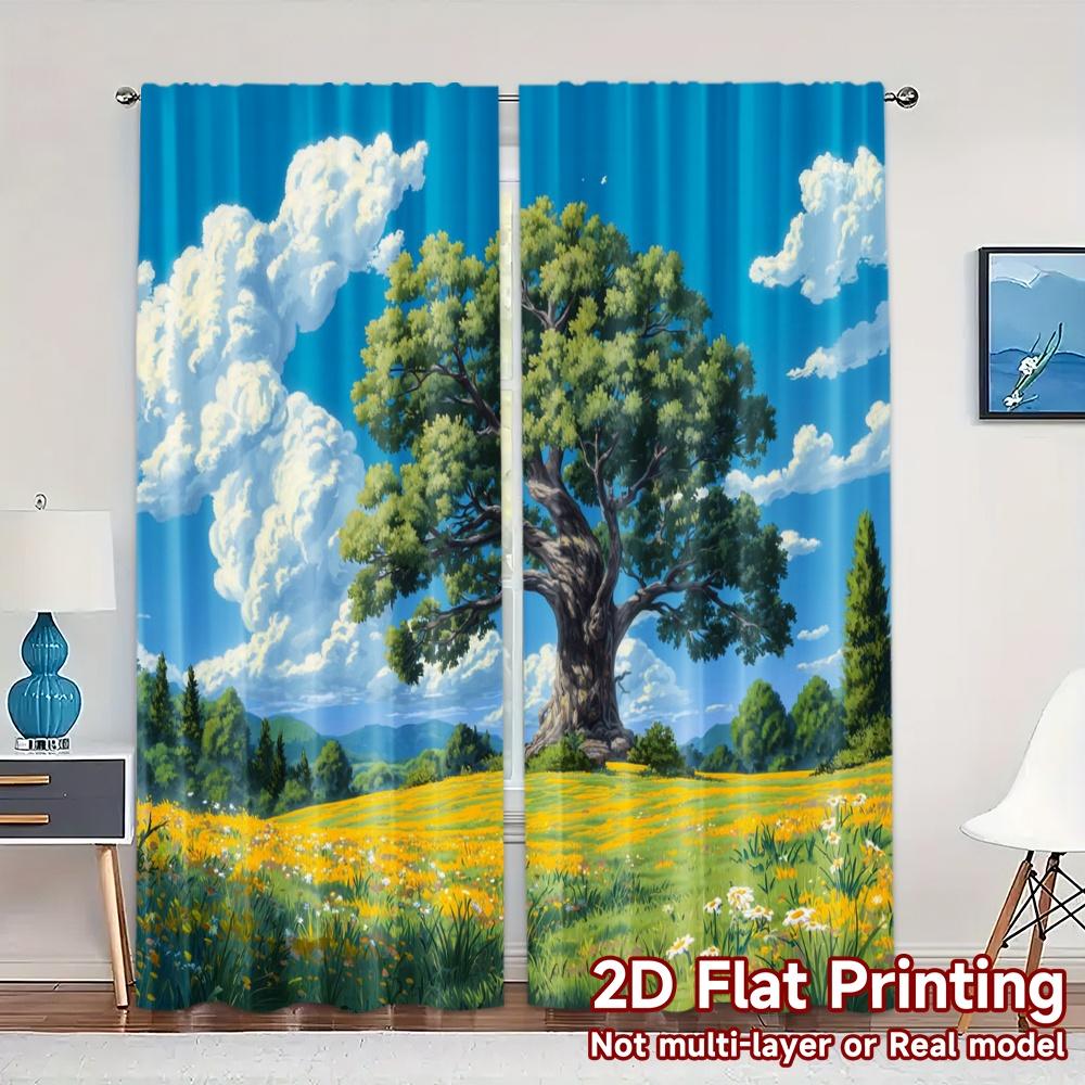 

Set Of 2 Flat Printing Curtains Without Rod Majestic Meadow Pattern Yarn Art Deco Festive Modern Made Polyester W100*H70(CM)-Grommet top&2PCS