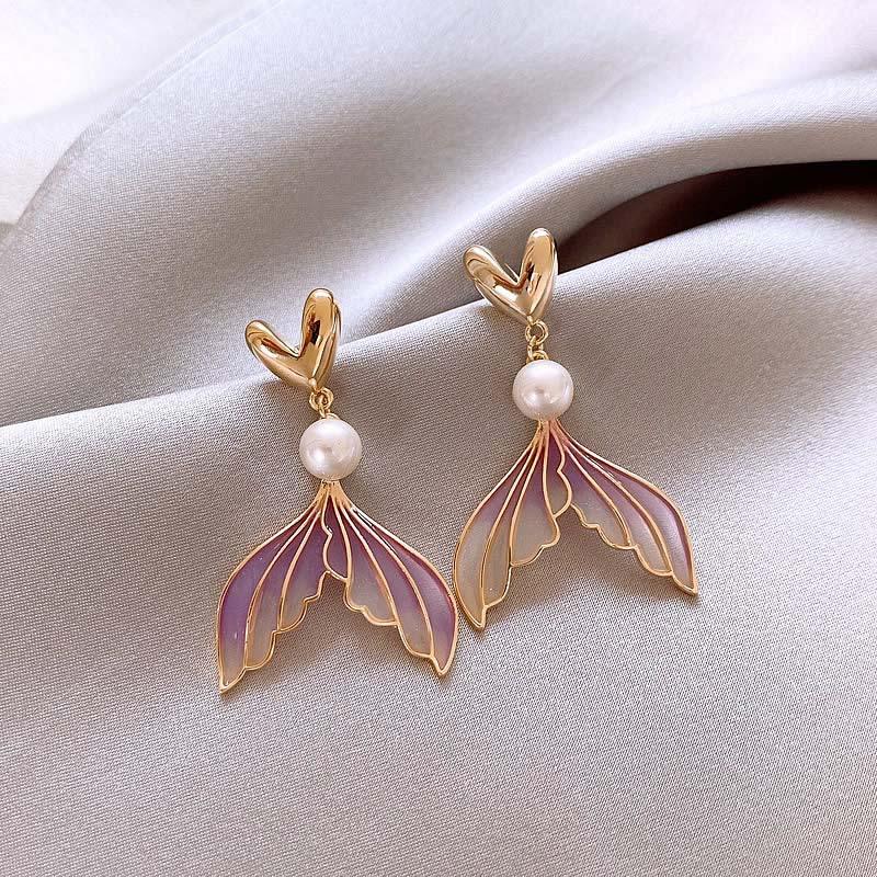 2024 New Fashion Gradient Fishtail Pearl Drop Earrings for Women Elegant Sweet Long Asymmetry Temperament Earrings Zircon