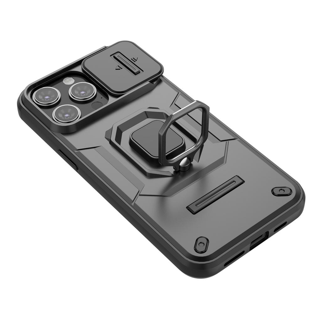 For iPhone 15 Pro Kickstand Phone Case with Slide Lens Cover PC+TPU Shockproof Rugged Shell