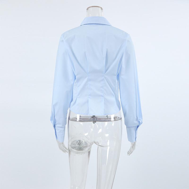 Plissert Slim Fit Topp Dame Bomullsskjorte Pendler Polokrage Langermet Ensfarvet Bluser Enkeltspent Kort Topp Elegant Kontordame Sommer