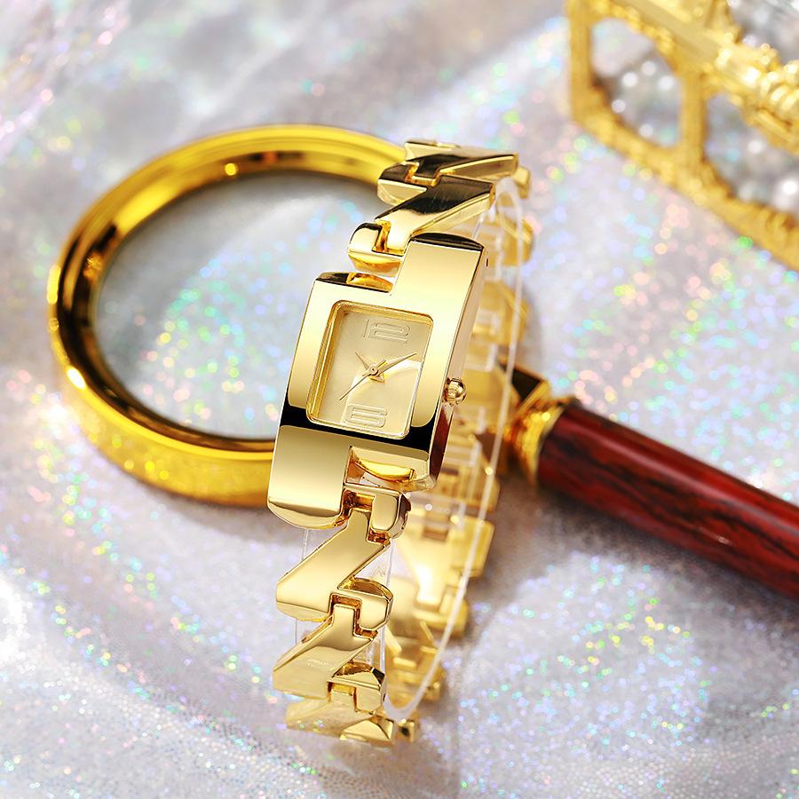 Ladies 1Pcs/Set Fashion Medieval Classic Gold Alloy Yellow Square Watch Diamond Hollow Bracelet Watch