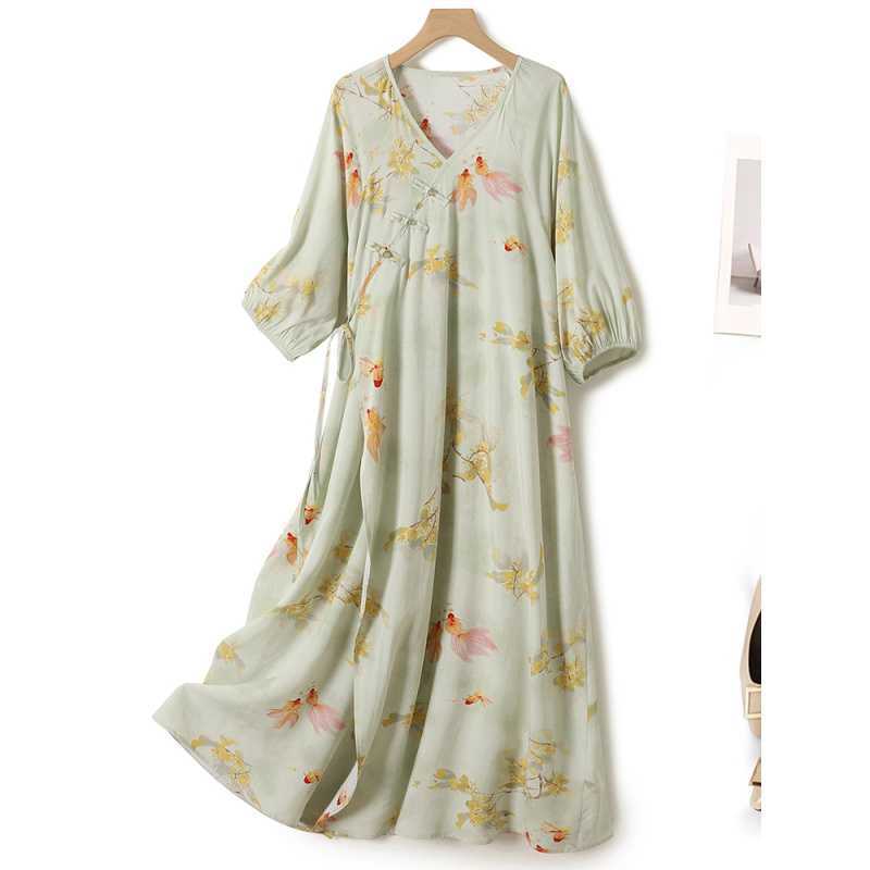 

Ленивая ночная сорочка в стиле ципао, женское летнее прохладное хлопково-шелковое платье, юбка в национальном стиле, удлиненная M светло-зеленый