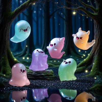 6Pcs Halloween Cute Ghost Small Figurines Luminous Decoration Mini Toy Party Cartoon Resin Desktop Ornament Glow In Dark