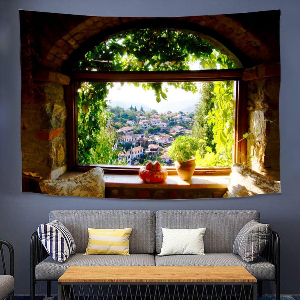 VIKAMAins Window with Stunning Landscape Live Streaming Wall Fabric Background Decorative Tapestry for Bedroom and Dormitory