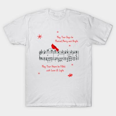T-Shirt Damen Musik Und Roter Vogel Weihnachts-T-Shirt Harajuku Print Kawaii T-Shirt Sommer Kurzarm Damen T-Shirt Top Tee