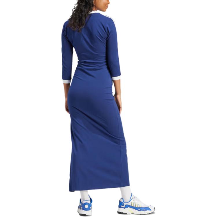 adidas Originals Adicolor Classics Vestido Maxi de 3 Rayas con Cuello en V y Manga Corta Vestido de Mujer Azul Marino IP2987
