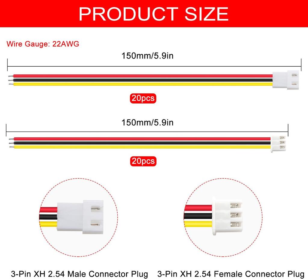 Set of 20 Pairs JST XH 2.54 3-Pin Connectors with 150 mm 22AWG Cable – Male and Female Plug for Electronic Projects, Lipo Batteries