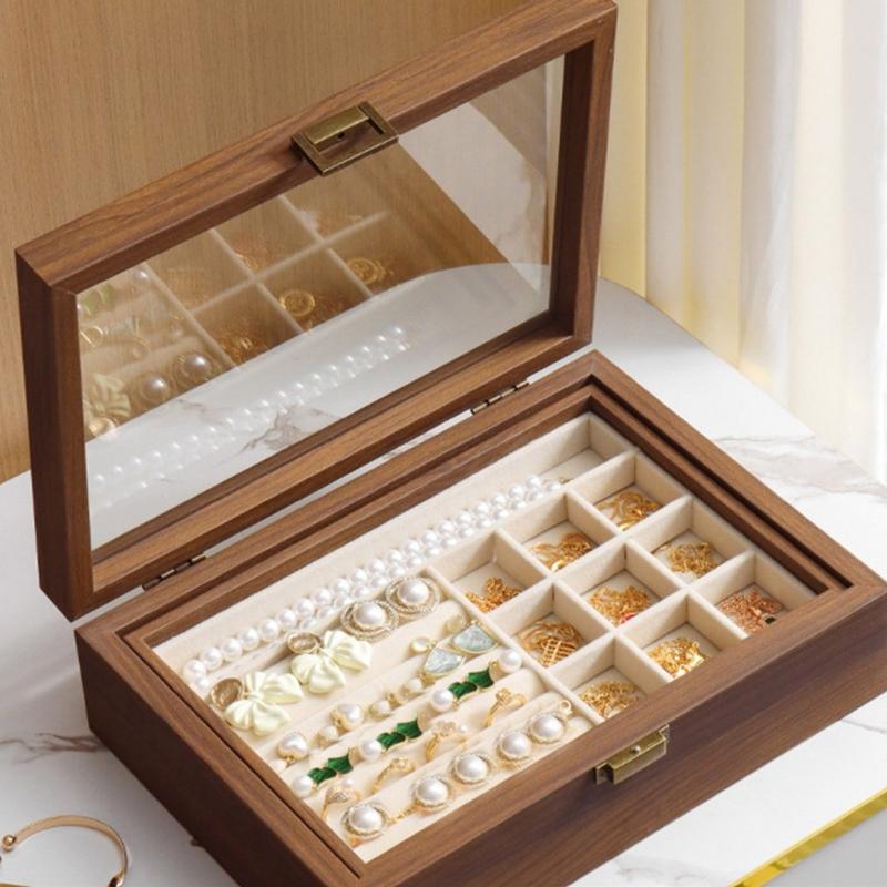 Walnut Wood Jewelry Organizer Box Moisture Proof Jewellery Holder Accessory Storage Container with Multiple Compartments