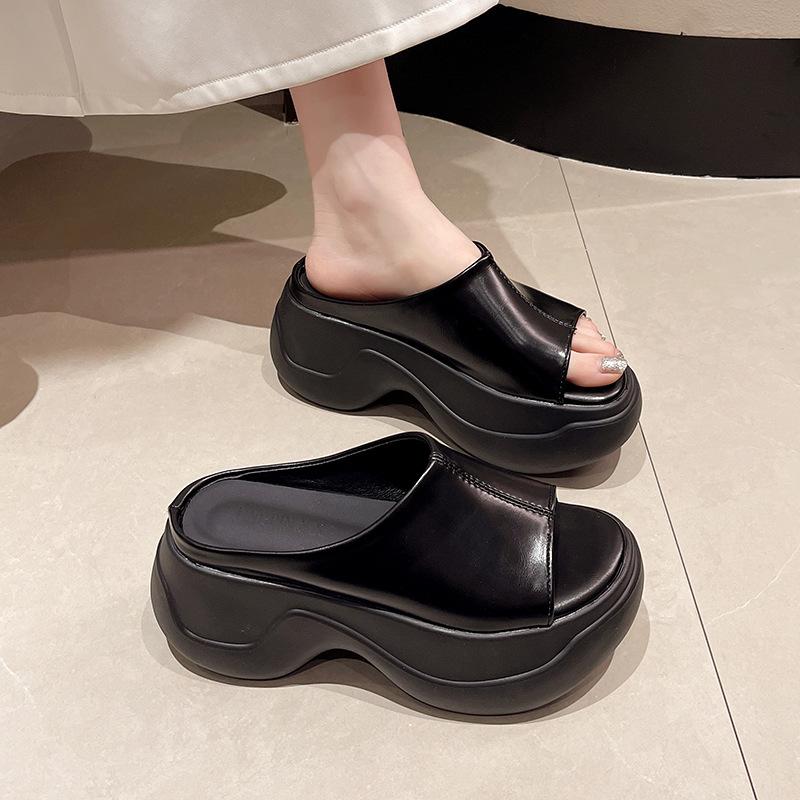 

sponge cake platform one-word slippers women s outer wear summer 2024 new open-toed small man with skirt beach shoes 35 чёрный