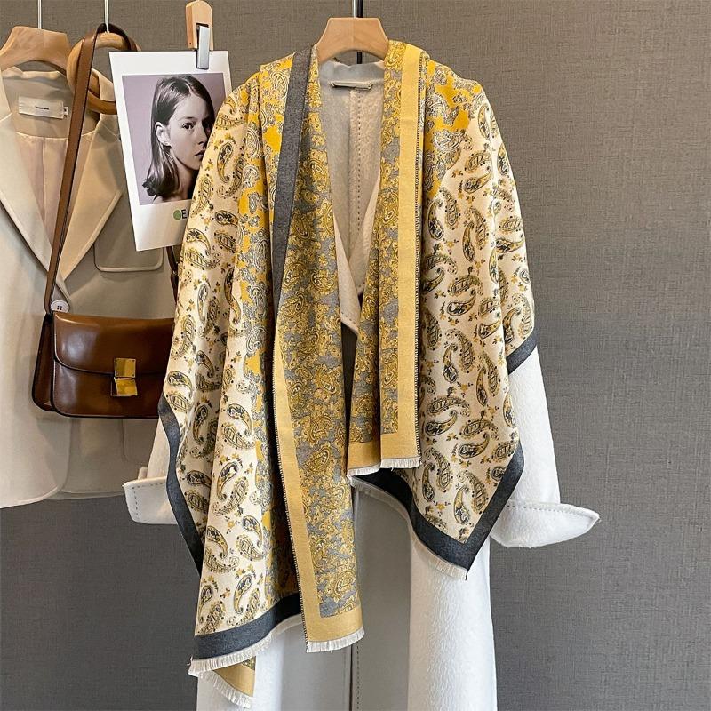Autumn and winter imitation cashmere contrasting color splicing cashew flower printing scarf fashionable versatile warm shawl fashionable outer scarf