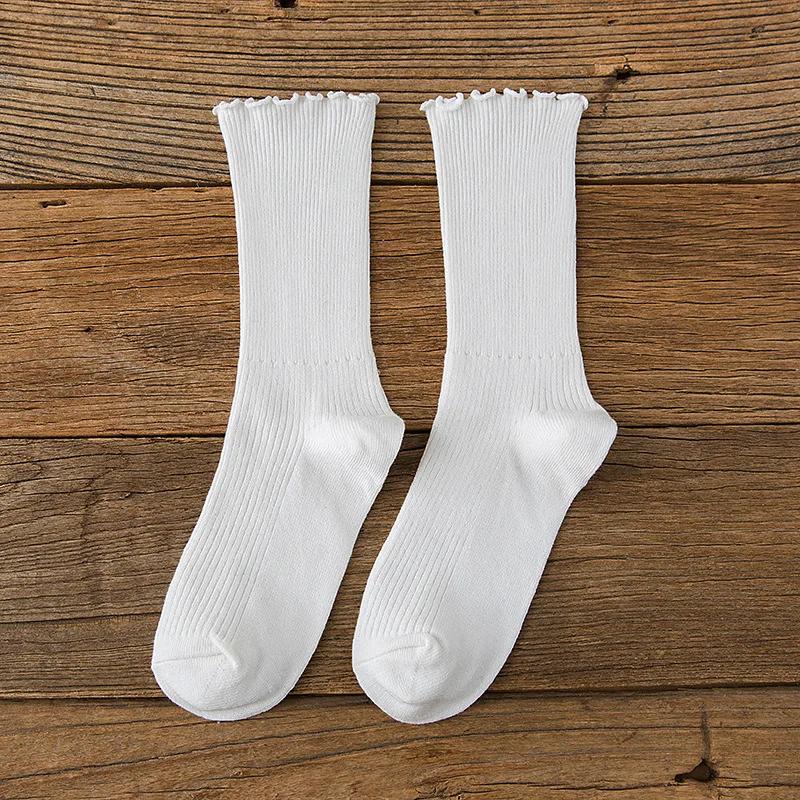 Women Solid Color Frily Ruffle Socks Harajuku Retro Streetwear Breathable Cotton Socks Girl Japanese Kawaii CuteBlack White Sox