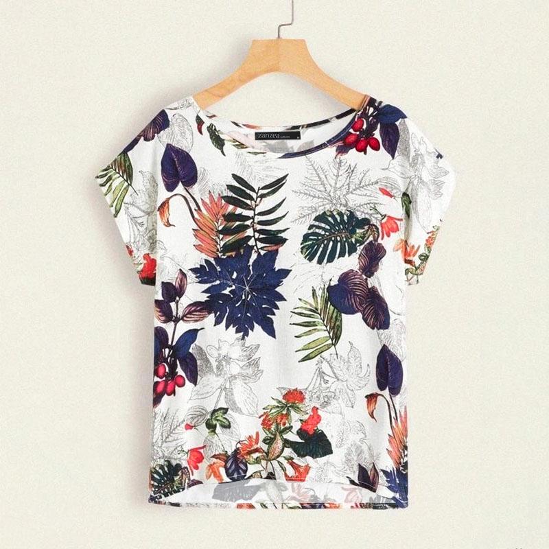 

ZANZEA Женская повседневная свободная блузка с круглым вырезом и коротким рукавом с принтом 2XL темно-синий