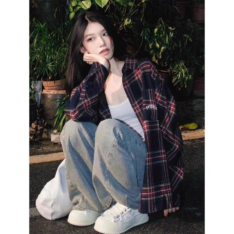 

Женская ретро бордовая клетчатая рубашка свободного кроя с длинным рукавом для лета Large