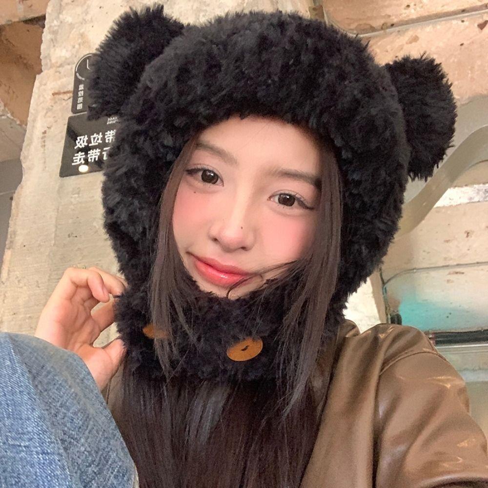 Ear Protection Hat Bear Ears Hat Winter Cap Winter Plush Hat Personality Bib Hat  Winter/Autumn