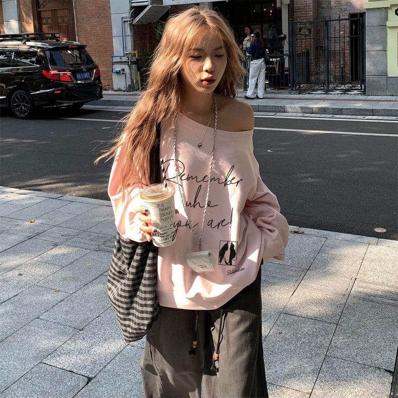 Korean Version of Minimalist Popular Sloping Shoulder Hoodie Women in Spring Autumn Loose Slimming Style Versatile