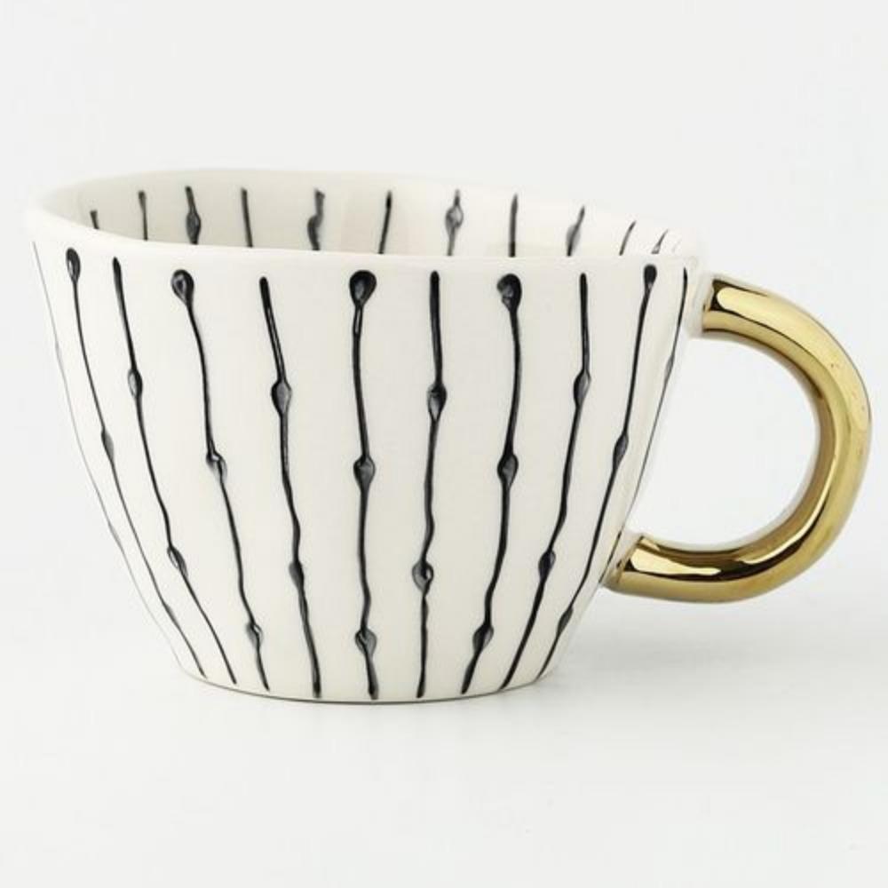American Irregular Geometric Ceramic Coffee Cup with Gold Plated Handle Black and White Pattern Milk Tea Cup Home Accessories