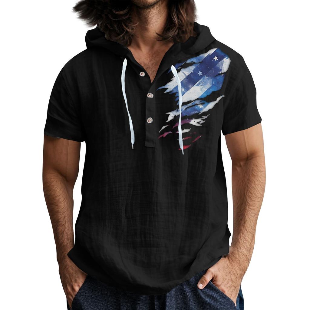 Men'S Casual Short Sleeved Hooded Top Buttoned Open Neck T-Shirt