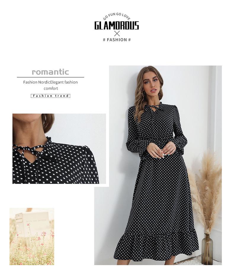 European & American Long-Sleeved Pleated Polka Dot Dress - Autumn/Winter 2022