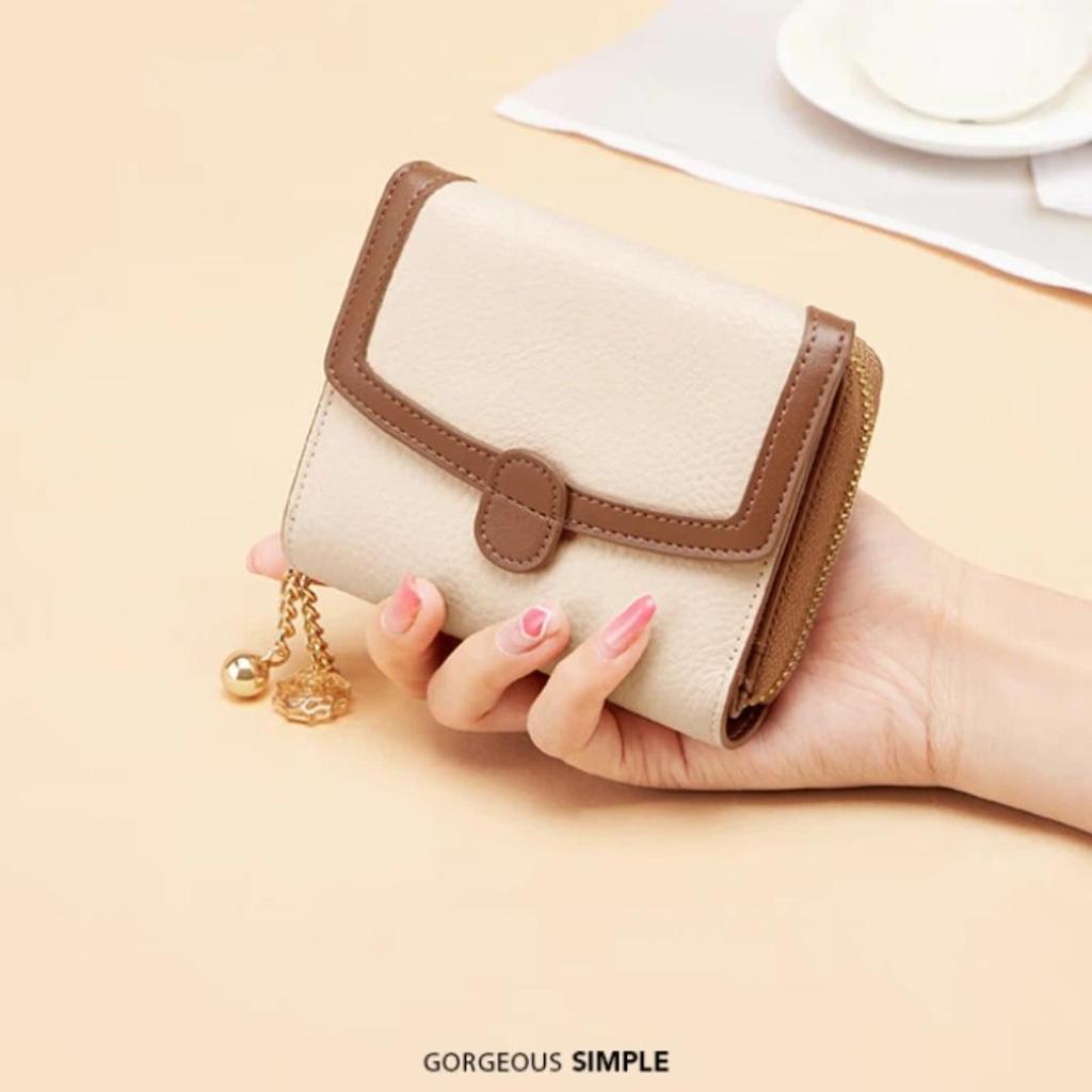 Cnoles Women's Wallet, Short Genuine Leather, Mini Fashion Coin Purse, Brown
