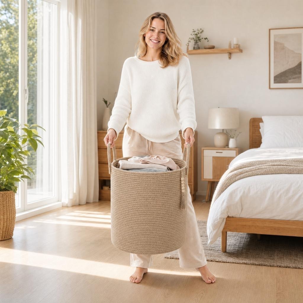Handwoven Storage Basket with Handles Large Capacity Durable Rope Material for Household Organization and Storage