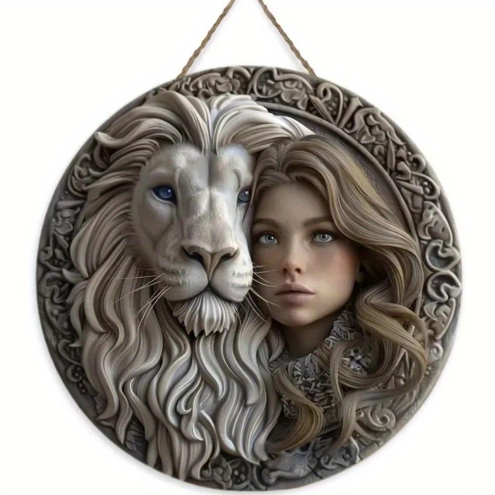 

1 шт. 2d плоский белый лев и женщина тематический знак, круглый деревянный знак - 20 см, подходит для дома, кафе, ресторана, украшения гостиной, праздничного подарка 20cm*20cm