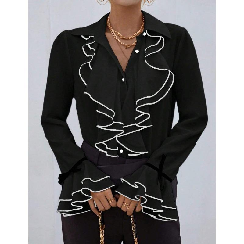 

JKASHDK Women s Fashion Casual Spring Autumn Stripe Print Long Sleeve POLO Neck Blouses & Shirts XS