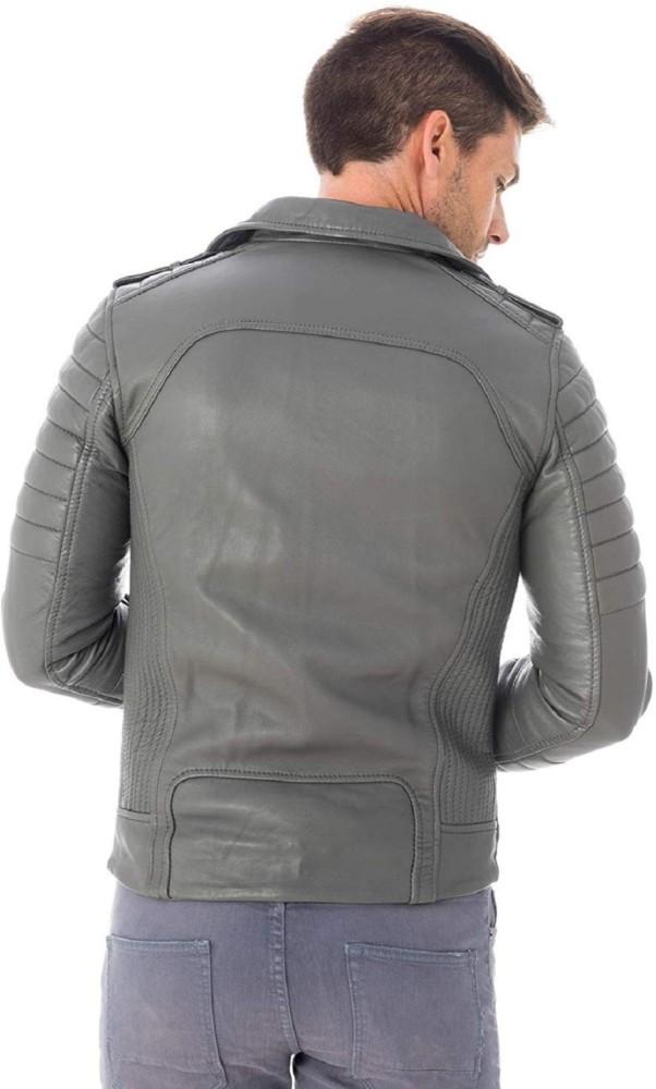 Genuine Lambskin Leather Jacket Men's Grey Handmade Motorcycle Biker Designer