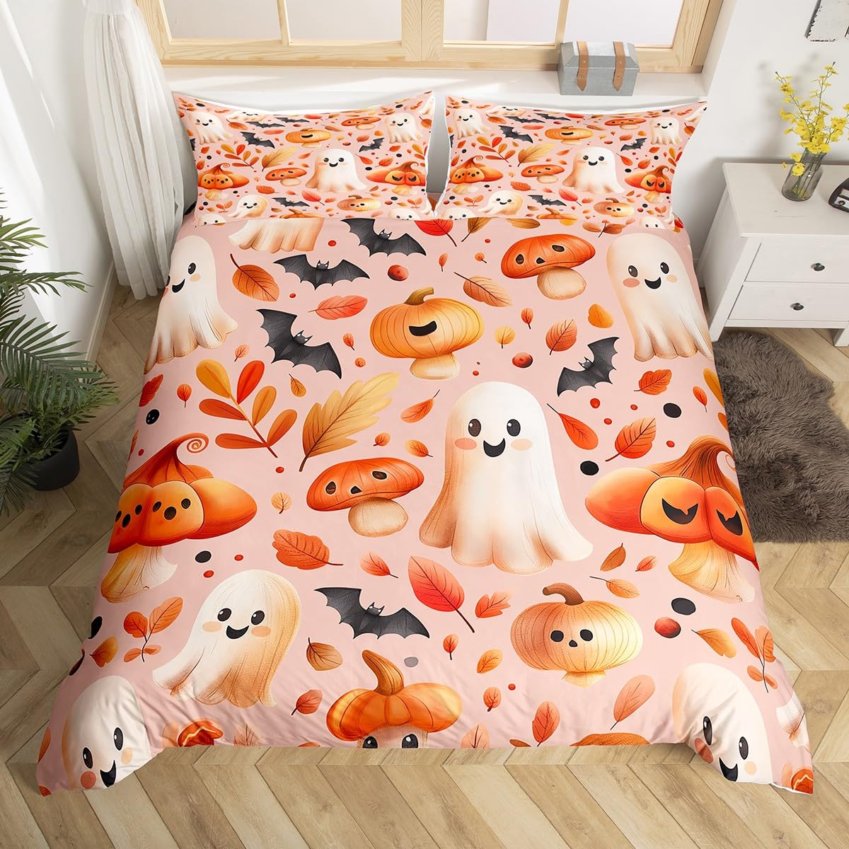 

Funny Ghost Duvet Cover Set Cartoon Cute Pumpkin Lantern Bedding Sets Full QueenGothic Witch Hat Comforter Cover Galaxy Bed Set EU Single(135*200cm)3pcs