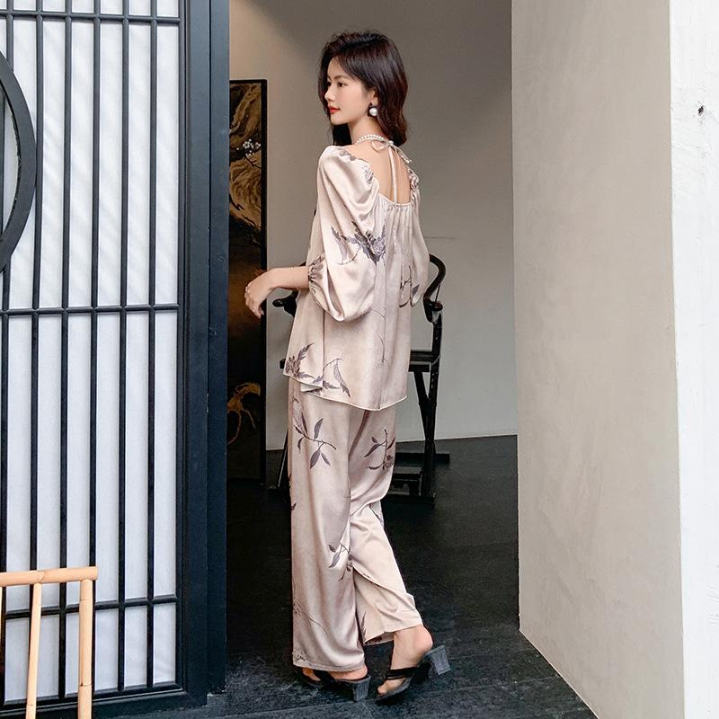 Spring and Summertime Latest Ice Silk Pajamas for Women, Silk Chinese Style Luxury Long-sleeved Trousers Pajamas Set