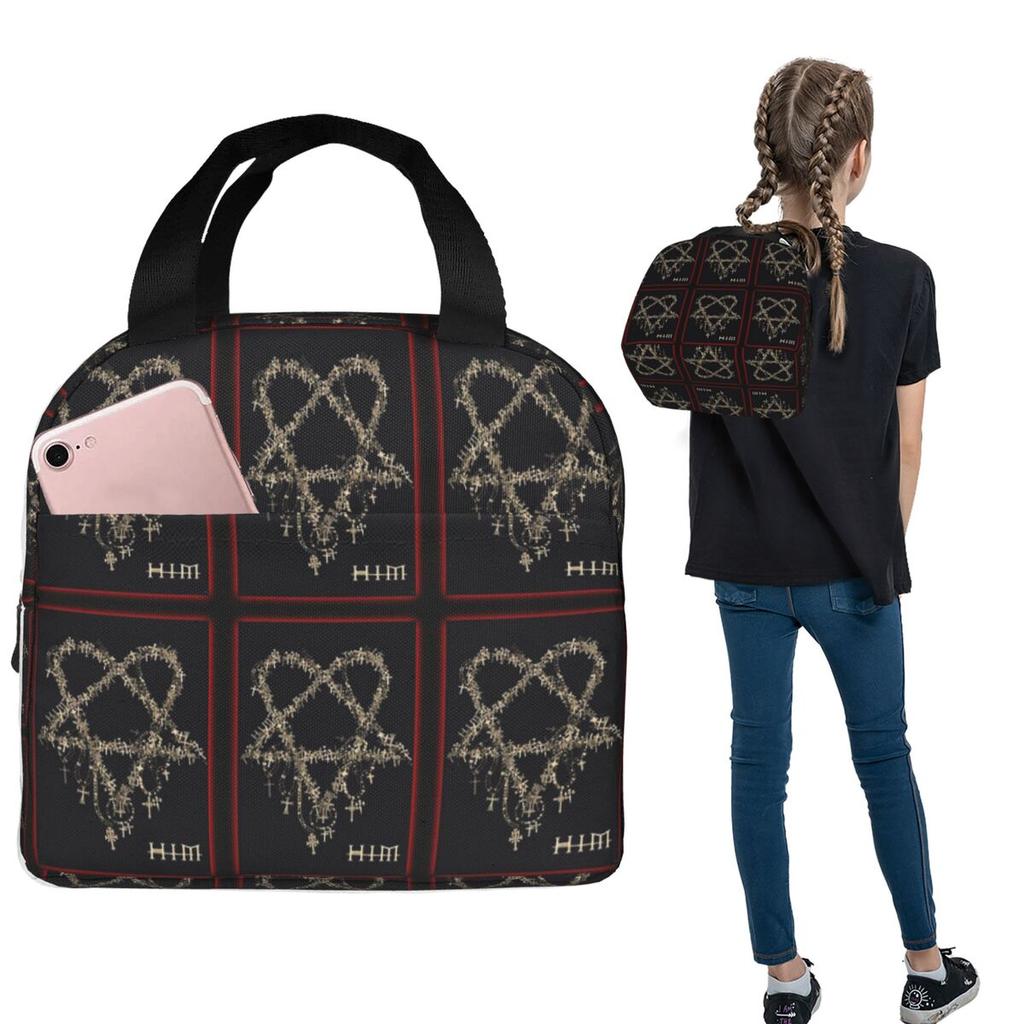 Heartagram Him Music Band Logo Insulated Lunch Bag for Women Children Portable Food Boxes Thermal Lunch Box Tote