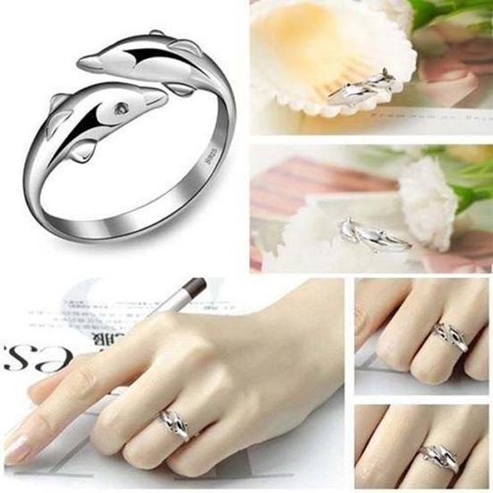 Fashion Women Silver Plated Double Dolphin Opening Adjustable Finger Ring Gift