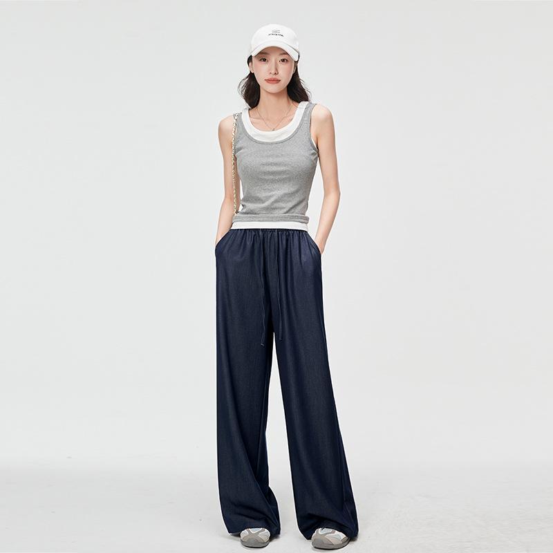 

Джинсы широкие для женщин на лето с высокой талией, в стиле ретро, темно-синие, драпированные, с эластичной талией, длиной, свободные прямые брюки XL синий