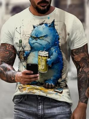 T-shirt humoristique à manches courtes pour homme, imprimé animal et chat en 3D, décontracté, col rond, surdimensionné, mode streetwear, été