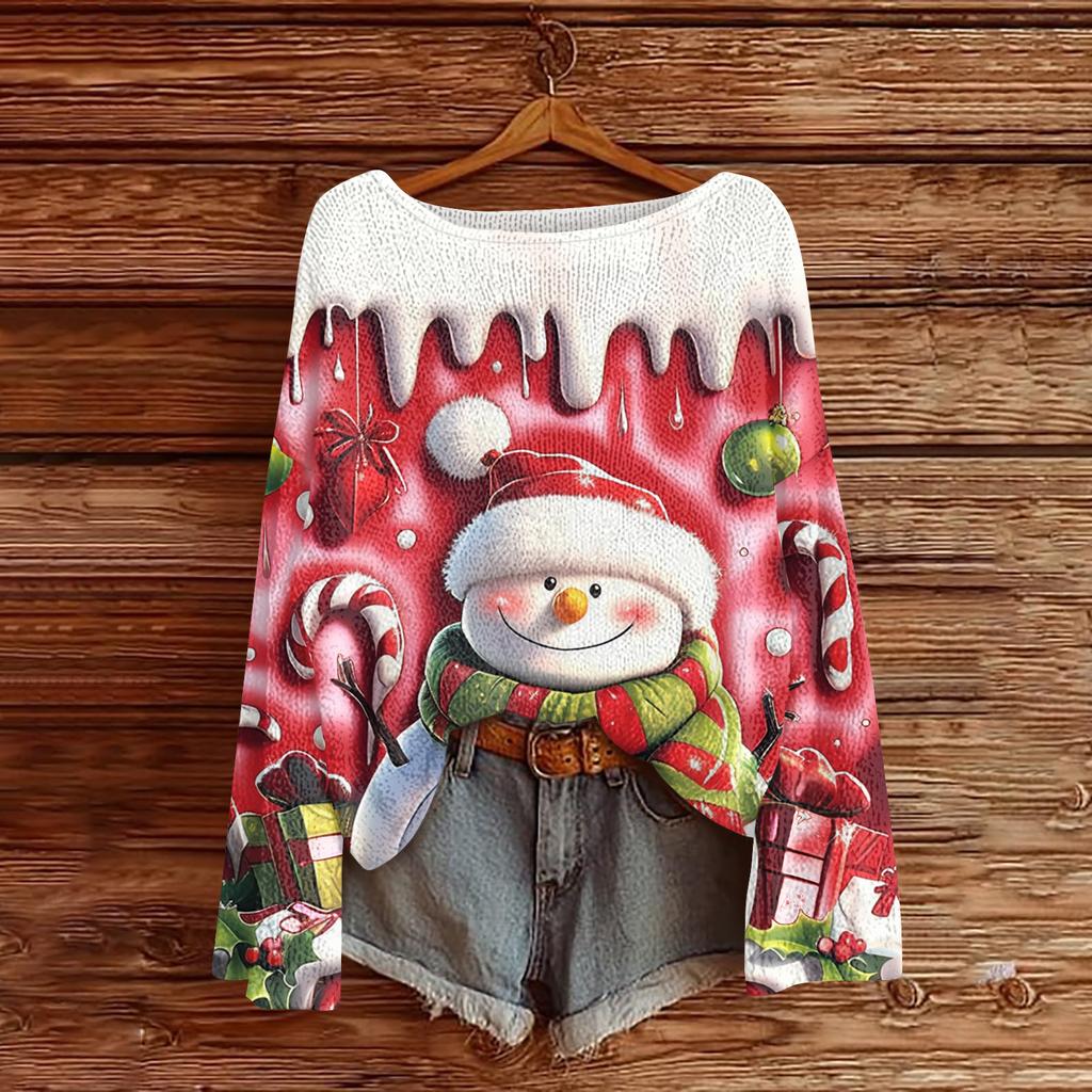 Women's Fashion Round Neck Long Sleeve Christmas Print Casual Knit Pullover Top