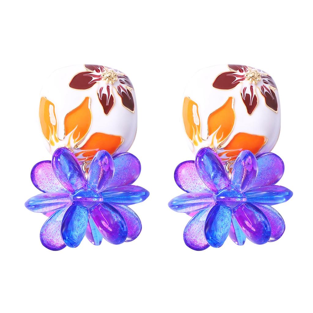 ZA Light Luxury Retro Enamel Painted Flowers Transparent Resin Crystal Flower Earrings Party High Sense Personality Woman