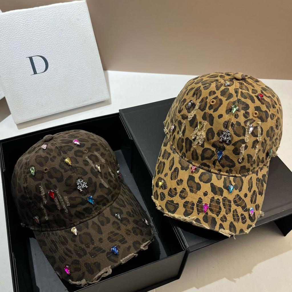 Youth Personality Publicity Leopard Print Ripped Baseball Cap Heavy Industry Rhinestone Cross Cap Women