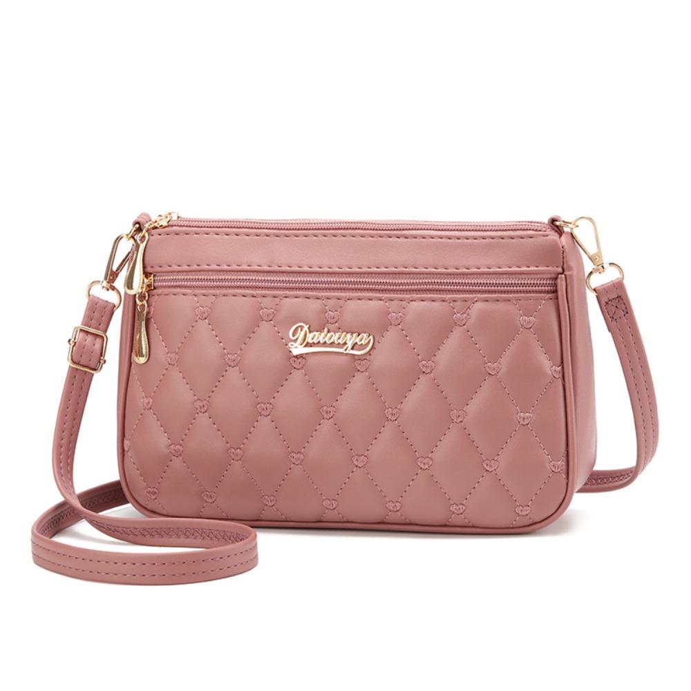 Portable PU Leather Crossbody Bag Large Capacity Lingge Embroidery Shoulder Bag Zipper Solid Color Messenger Bag Women